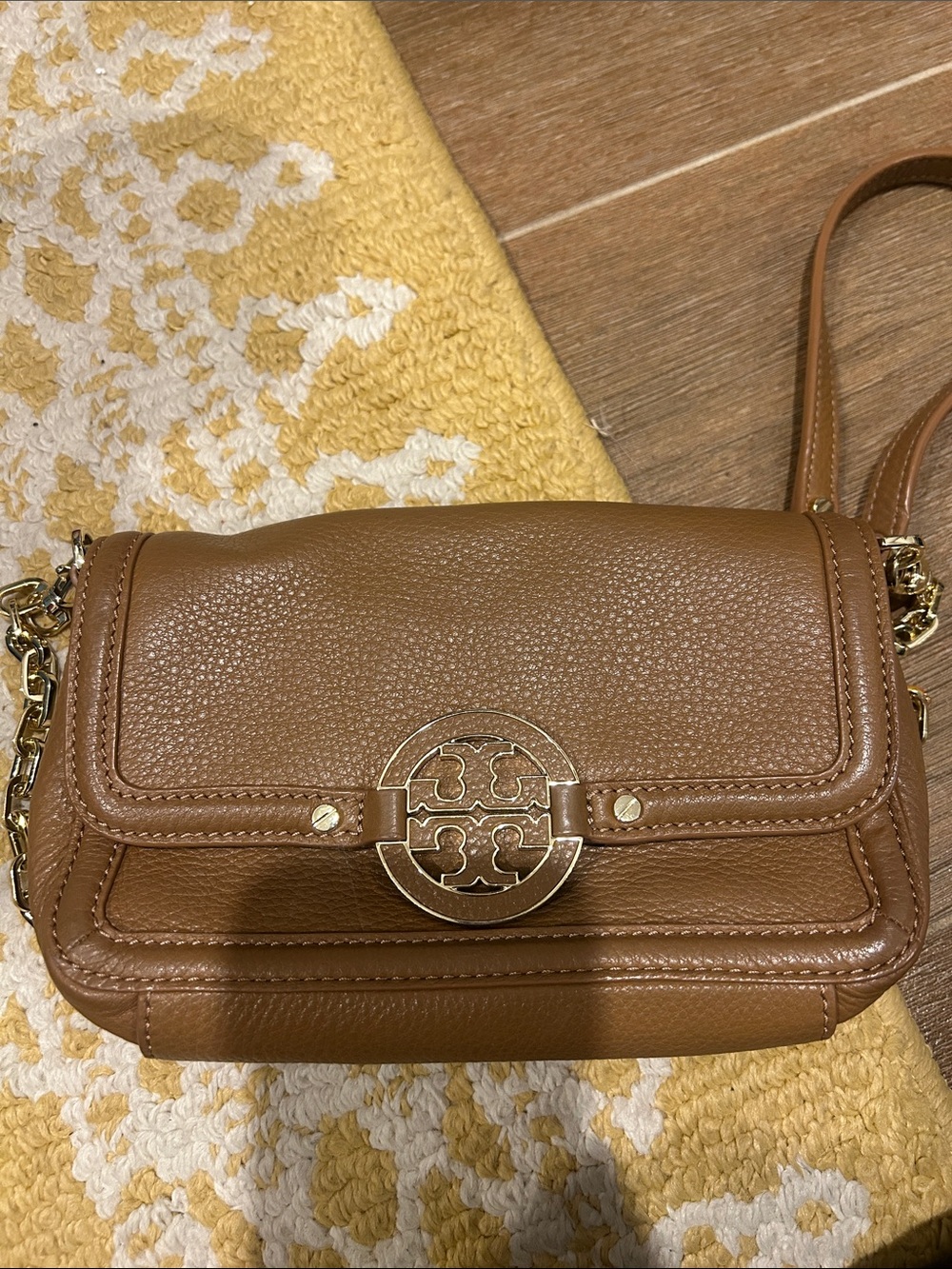 Tory Burch Tan Pebbled Leather Logo Crossbody